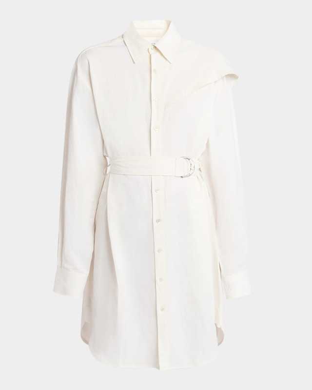 Cape-Shoulder Belted Long-Sleeve Shirtdress